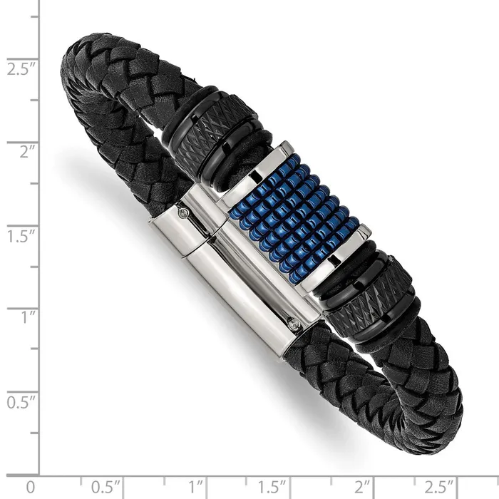 Chisel Stainless Steel Polished Black and Blue IPplated Black Leather and Rubber 85 inch Bracelet TreasureFineJewelers Bracelets