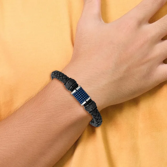 Chisel Stainless Steel Polished Black and Blue IPplated Black Leather and Rubber 85 inch Bracelet TreasureFineJewelers Bracelets