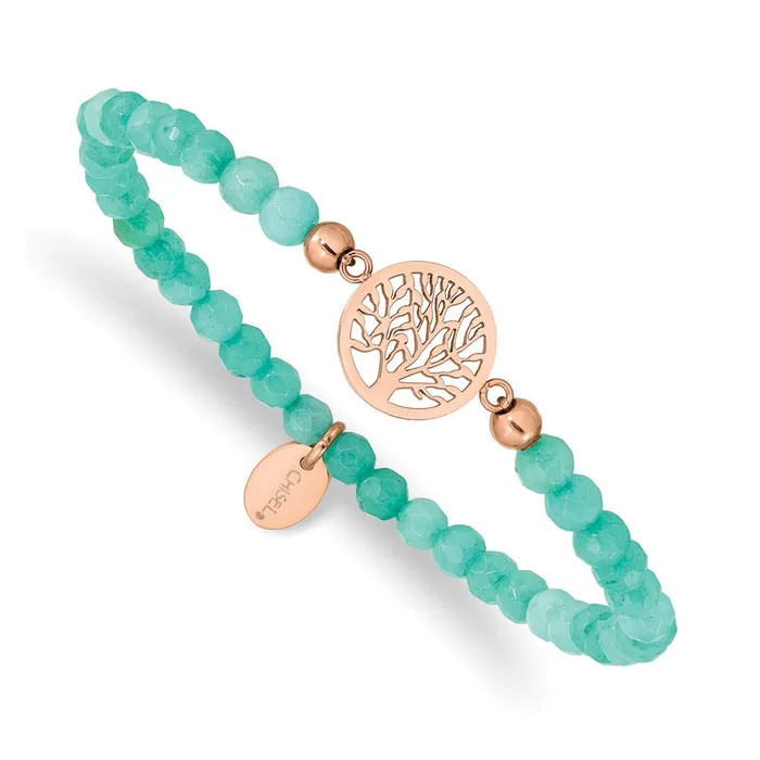 Chisel Stainless Steel Polished Rose IPplated Tree of Life 4mm Mint Jade Beaded Stretch Bracelet TreasureFineJewelers Bracelets Chisel Stainless Steel Polished Rose IPplated Tree of Life 4mm Mint Jade Beaded Stretch Bracelet TreasureFineJewelers Bracelets