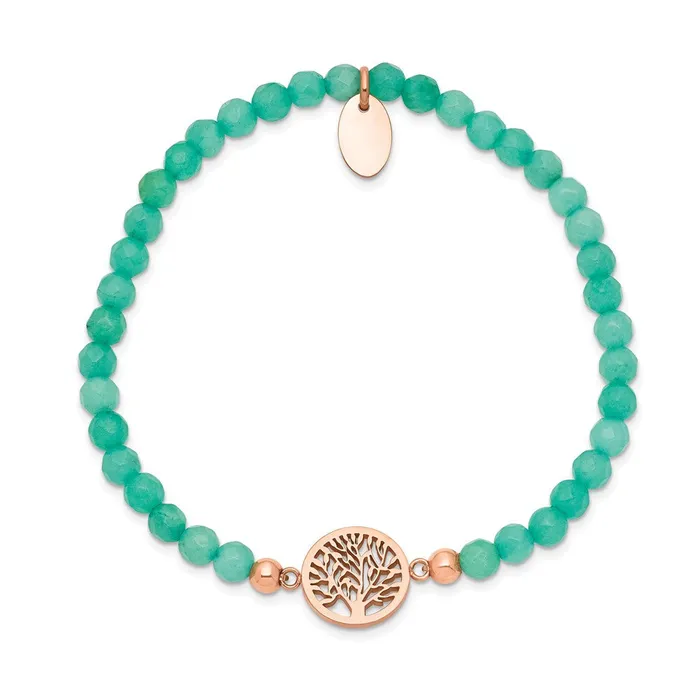 Chisel Stainless Steel Polished Rose IPplated Tree of Life 4mm Mint Jade Beaded Stretch Bracelet TreasureFineJewelers Bracelets