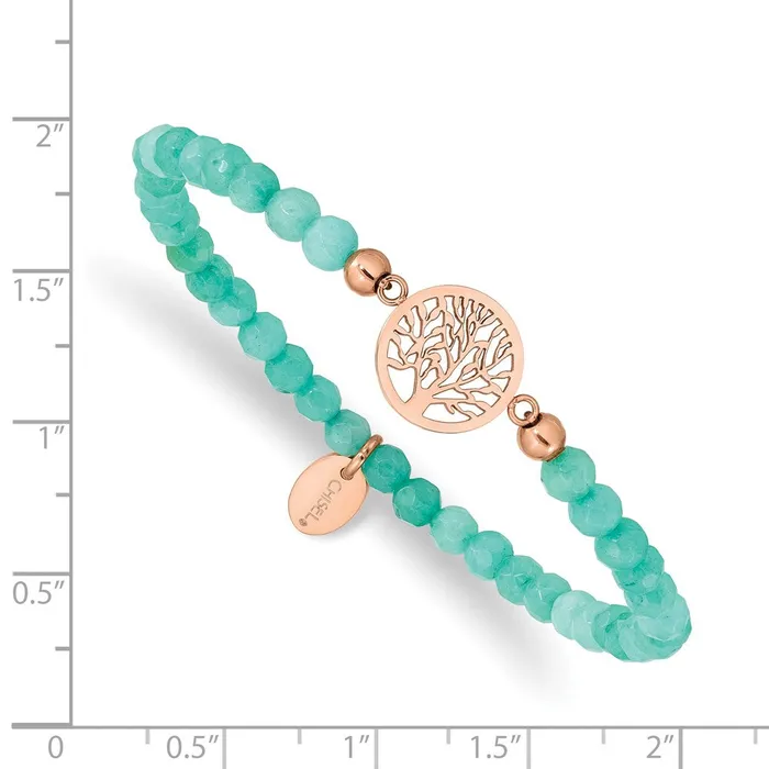 Chisel Stainless Steel Polished Rose IPplated Tree of Life 4mm Mint Jade Beaded Stretch Bracelet TreasureFineJewelers Bracelets