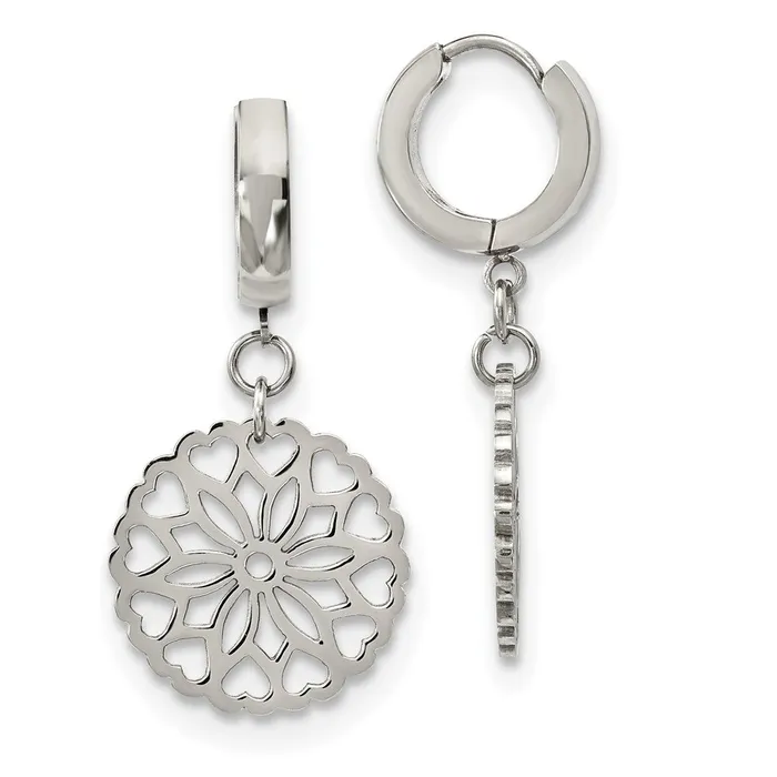 Earrings TreasureFineJewelers Stainless Steel Polished Flower Dangle Hinged Hoop Earrings