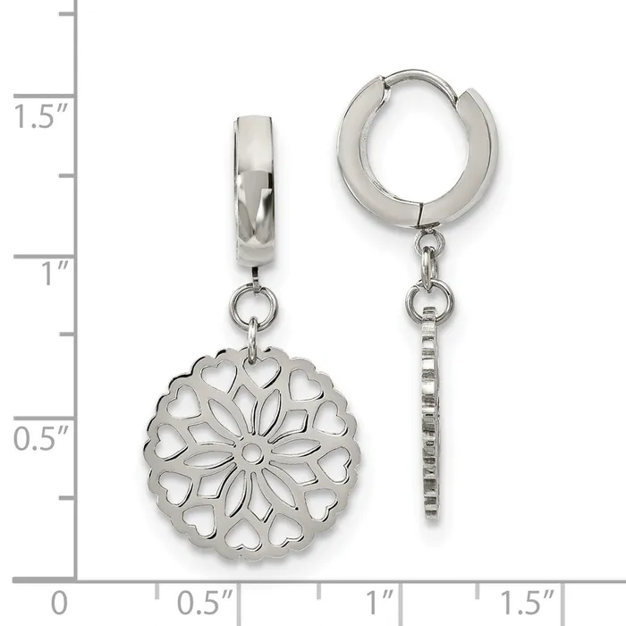 Earrings TreasureFineJewelers Stainless Steel Polished Flower Dangle Hinged Hoop Earrings