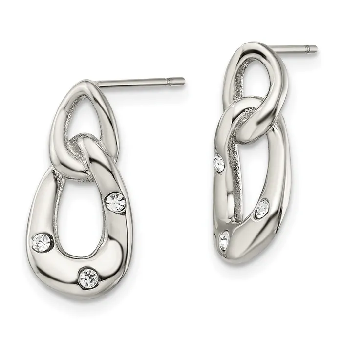 Earrings TreasureFineJewelers Stainless Steel Polished wCrystal Two Loop Post Earrings