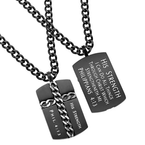 Necklaces Christian Dog Tag Cross Necklace Philippians 413 HIS STRENGTH Black Steel Curb Chain North Arrow Shop Necklaces Christian Dog Tag Cross Necklace Philippians 413 HIS STRENGTH Black Steel Curb Chain North Arrow Shop