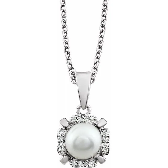 Necklaces TreasureFineJewelers 14K White Freshwater Cultured Pearl 05 CTW Diamond 18 Necklace