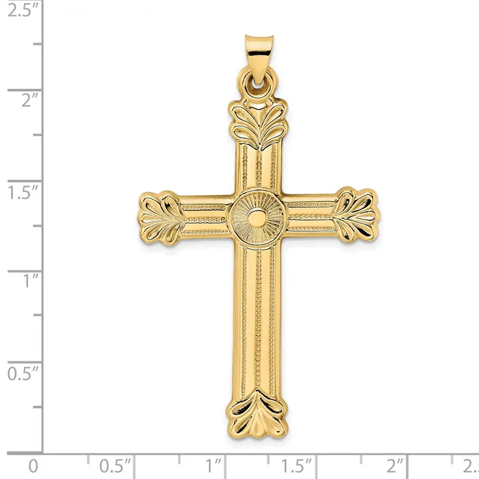 Necklaces TreasureFineJewelers 14k Yellow Gold Polished and Textured Solid Circle Center Cross Pendant