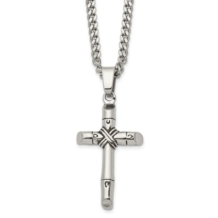 Necklaces TreasureFineJewelers Chisel Stainless Steel Antiqued and Polished Reversible Cross Pendant on a 24 inch Curb Chain Necklace Necklaces TreasureFineJewelers Chisel Stainless Steel Antiqued and Polished Reversible Cross Pendant on a 24 inch Curb Chain Necklace