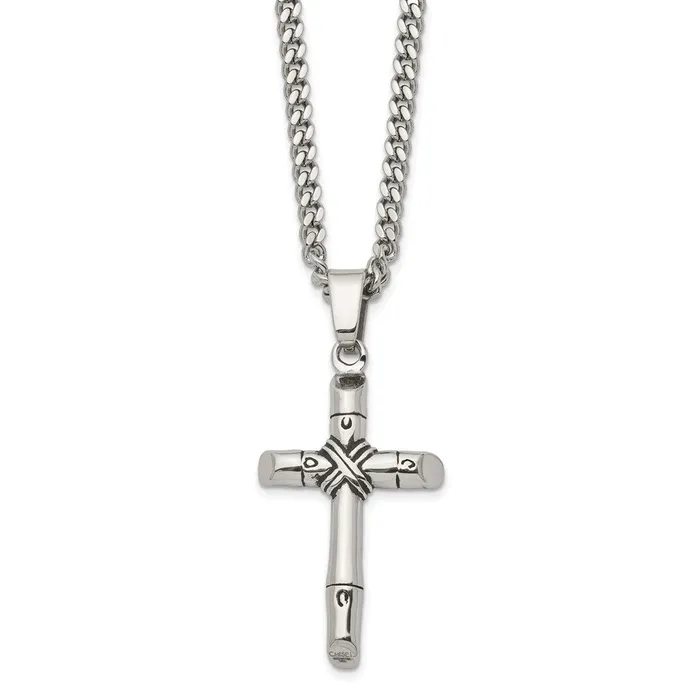 Necklaces TreasureFineJewelers Chisel Stainless Steel Antiqued and Polished Reversible Cross Pendant on a 24 inch Curb Chain Necklace