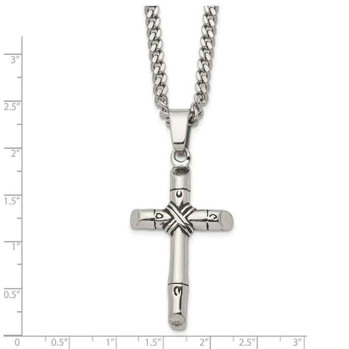 Necklaces TreasureFineJewelers Chisel Stainless Steel Antiqued and Polished Reversible Cross Pendant on a 24 inch Curb Chain Necklace
