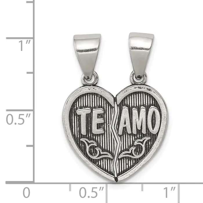 Necklaces TreasureFineJewelers Sterling Silver Antiqued Te Amo Break Apart Heart Pendant