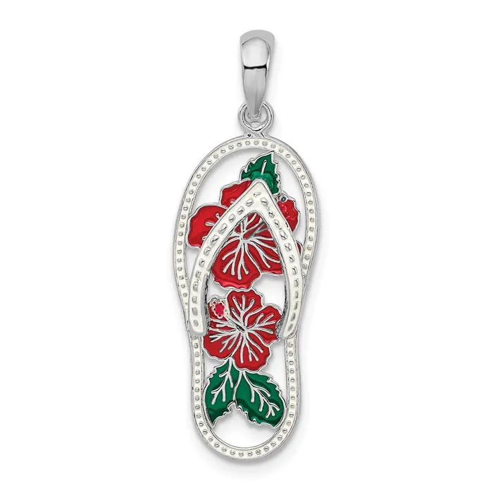 Necklaces TreasureFineJewelers Sterling Silver Polished Enameled Hibiscus Flower Flipflop Pendant Necklaces TreasureFineJewelers Sterling Silver Polished Enameled Hibiscus Flower Flipflop Pendant