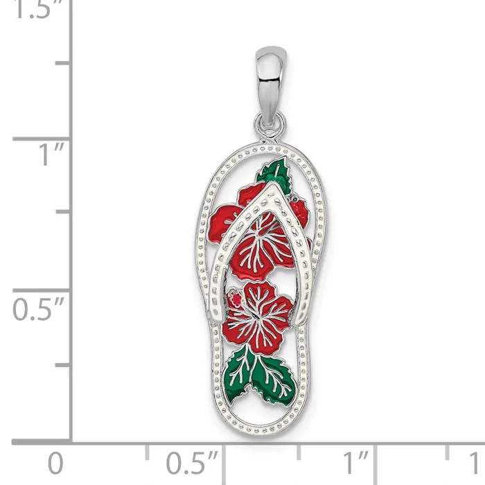 Necklaces TreasureFineJewelers Sterling Silver Polished Enameled Hibiscus Flower Flipflop Pendant