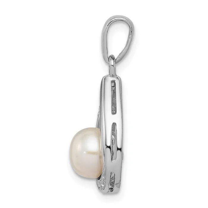 Necklaces TreasureFineJewelers Sterling Silver Rhodium 6mm FW Cltrd Pearl Diamond Teardrop Pendant