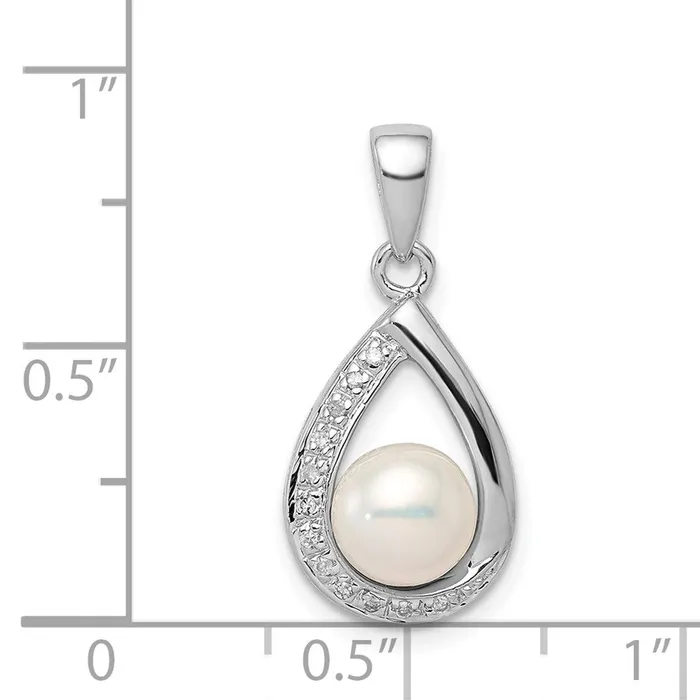 Necklaces TreasureFineJewelers Sterling Silver Rhodium 6mm FW Cltrd Pearl Diamond Teardrop Pendant