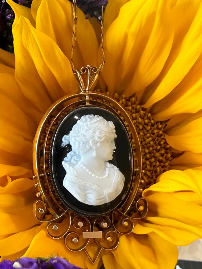 ONeills Estate Jewelry Necklaces 14 Karat Yellow Gold Stone Cameo PinPendant Necklace 54600065 ONeills Estate Jewelry Necklaces 14 Karat Yellow Gold Stone Cameo PinPendant Necklace 54600065