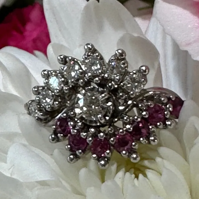 Rings ONeills Estate Jewelry 14 Karat White Gold Diamond Synthetic Ruby Cluster Ring 13000355 Rings ONeills Estate Jewelry 14 Karat White Gold Diamond Synthetic Ruby Cluster Ring 13000355