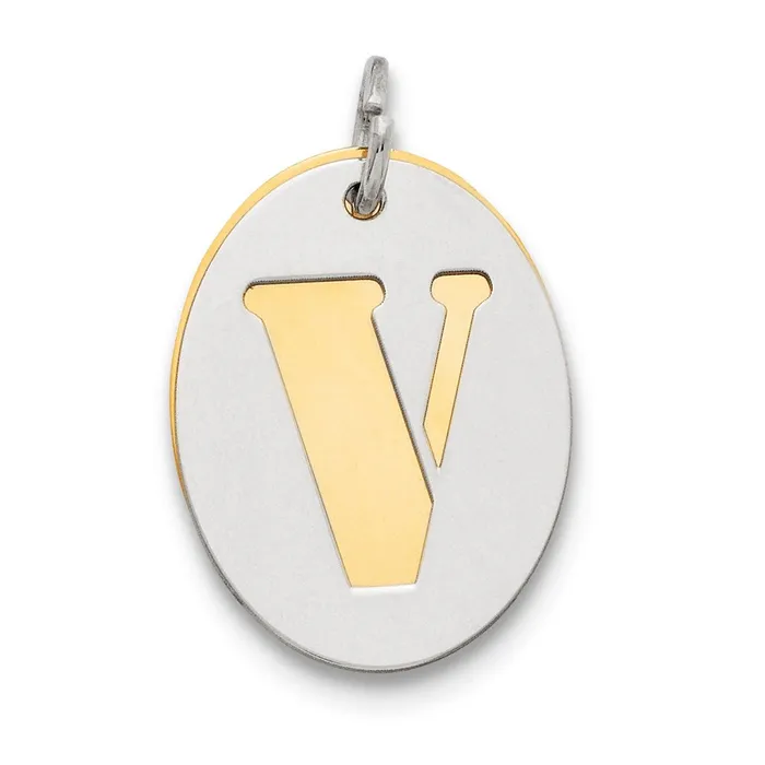 Sterling Silver GP Initial V Double Plate Oval Charm TreasureFineJewelers Necklaces Sterling Silver GP Initial V Double Plate Oval Charm TreasureFineJewelers Necklaces