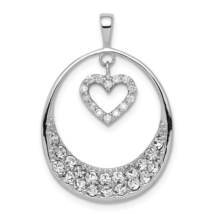Sterling Silver Rhodiumplated CZ Oval wDangle Heart Pendant TreasureFineJewelers Necklaces Sterling Silver Rhodiumplated CZ Oval wDangle Heart Pendant TreasureFineJewelers Necklaces