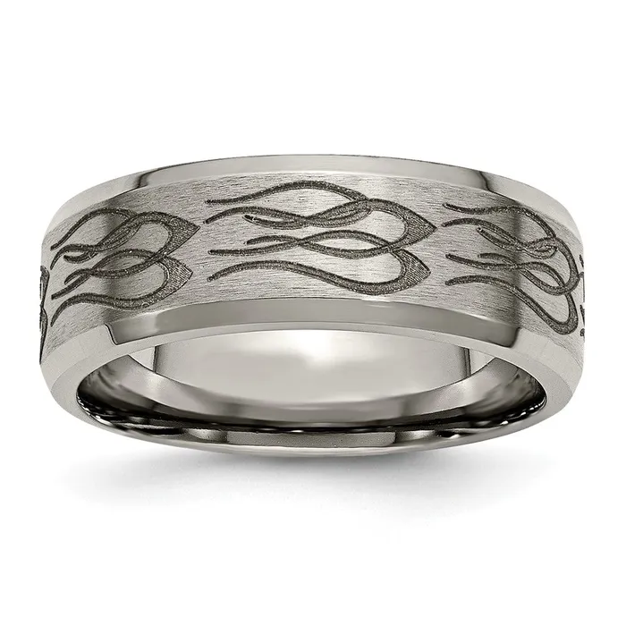 Titanium Brushed Polished Flames Laser Design 8mm Beveled Edge Band TreasureFineJewelers Rings Titanium Brushed Polished Flames Laser Design 8mm Beveled Edge Band TreasureFineJewelers Rings