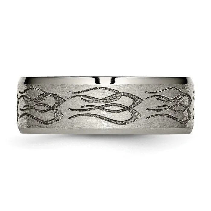 Titanium Brushed Polished Flames Laser Design 8mm Beveled Edge Band TreasureFineJewelers Rings