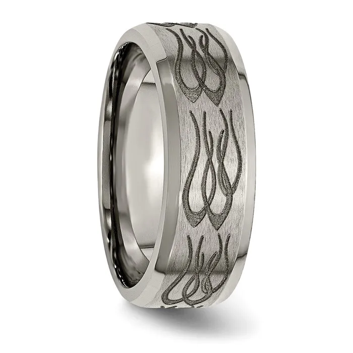 Titanium Brushed Polished Flames Laser Design 8mm Beveled Edge Band TreasureFineJewelers Rings