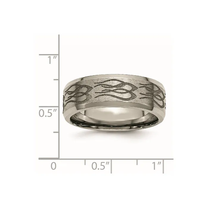 Titanium Brushed Polished Flames Laser Design 8mm Beveled Edge Band TreasureFineJewelers Rings