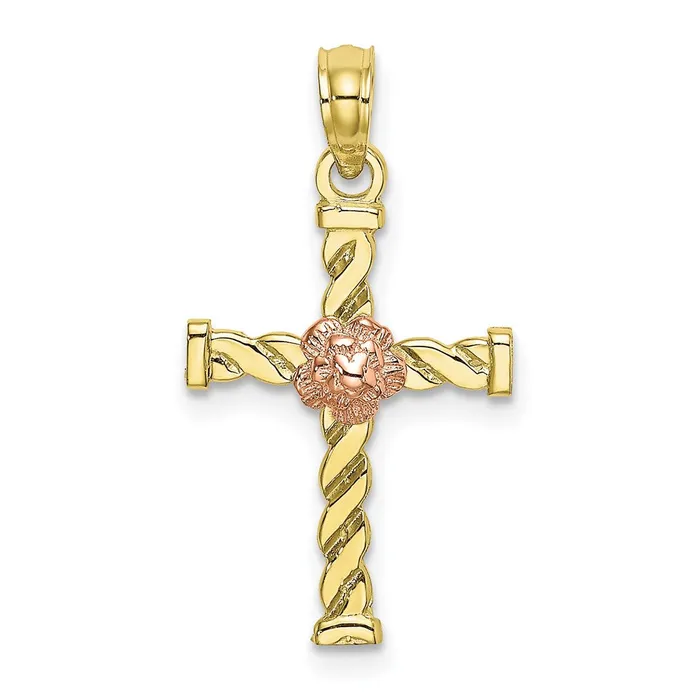 TreasureFineJewelers 10K TwoTone Twisted Cross w Flower Charm Rings