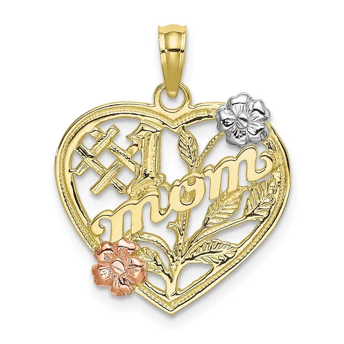 TreasureFineJewelers 10k Twotone wWhite Rhodium 1 MOM Heart w Flower Charm Rings