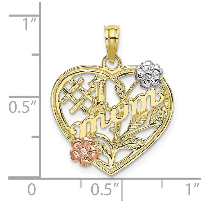 TreasureFineJewelers 10k Twotone wWhite Rhodium 1 MOM Heart w Flower Charm Rings