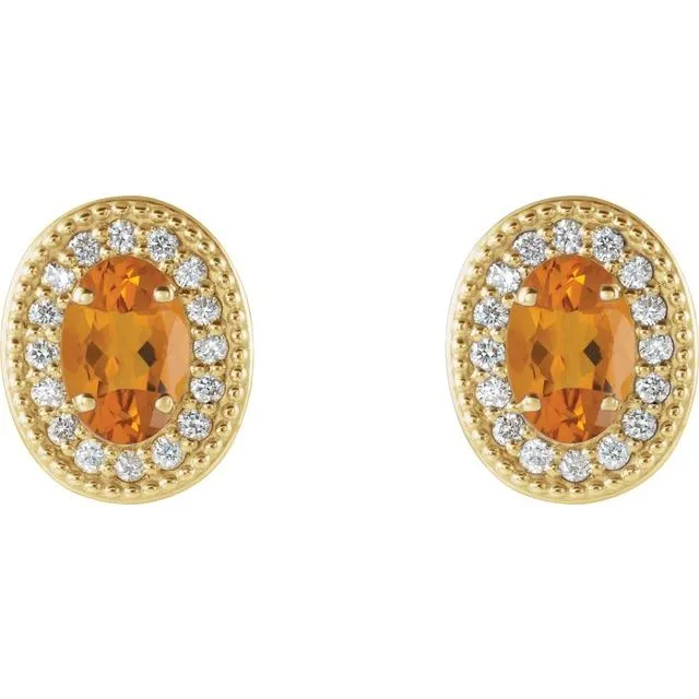 TreasureFineJewelers 14K Yellow Gold 6x4 mm Natural Citrine 15 CTW Natural Diamond HaloStyle Earrings Earrings