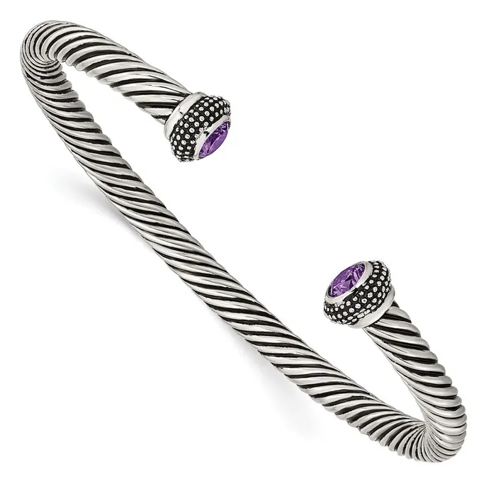 TreasureFineJewelers Bracelets Chisel Stainless Steel Antiqued and Polished with Purple CZ Twisted Cuff Bangle TreasureFineJewelers Bracelets Chisel Stainless Steel Antiqued and Polished with Purple CZ Twisted Cuff Bangle