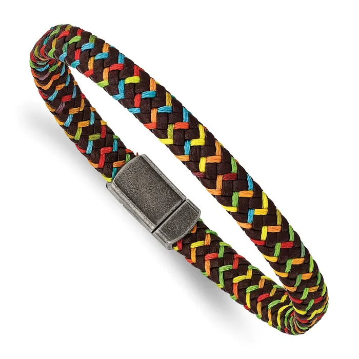 TreasureFineJewelers Bracelets Chisel Stainless Steel Antiqued Braided Brown Leather and Multicolor Nylon 825 inch Bracelet TreasureFineJewelers Bracelets Chisel Stainless Steel Antiqued Braided Brown Leather and Multicolor Nylon 825 inch Bracelet