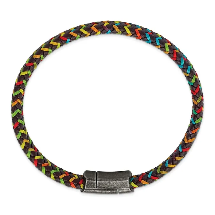 TreasureFineJewelers Bracelets Chisel Stainless Steel Antiqued Braided Brown Leather and Multicolor Nylon 825 inch Bracelet