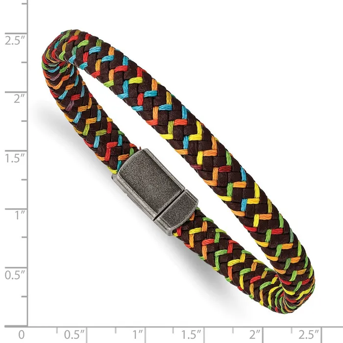 TreasureFineJewelers Bracelets Chisel Stainless Steel Antiqued Braided Brown Leather and Multicolor Nylon 825 inch Bracelet