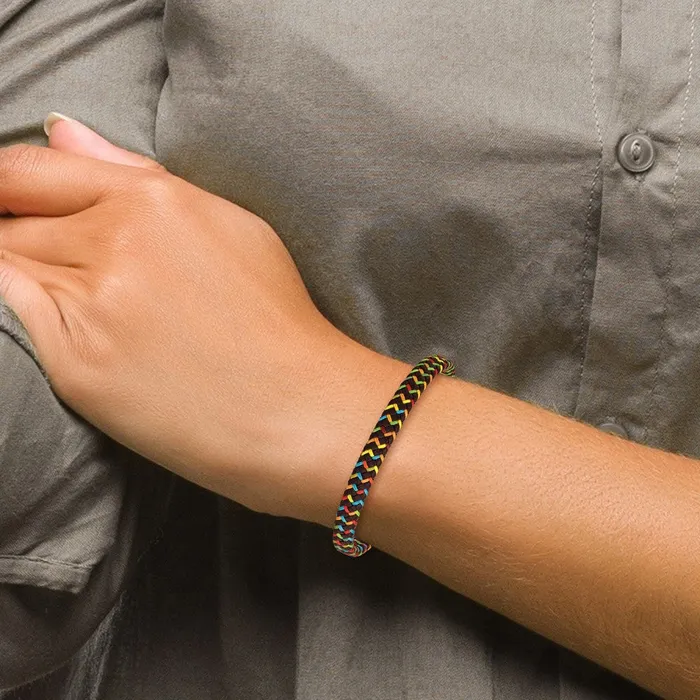 TreasureFineJewelers Bracelets Chisel Stainless Steel Antiqued Braided Brown Leather and Multicolor Nylon 825 inch Bracelet