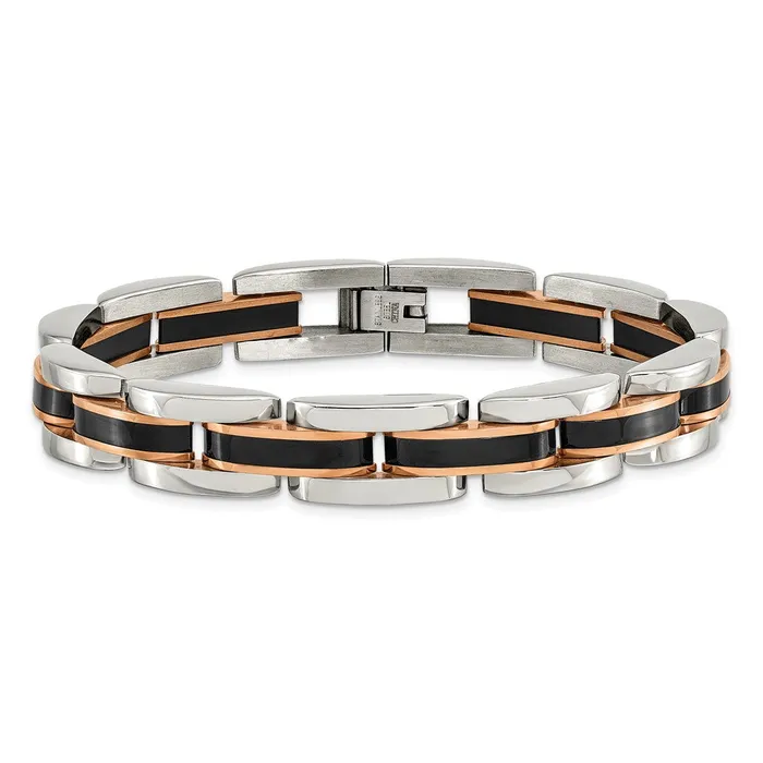 TreasureFineJewelers Bracelets Chisel Stainless Steel Polished Black and Rose IPplated 85 inch Link Bracelet