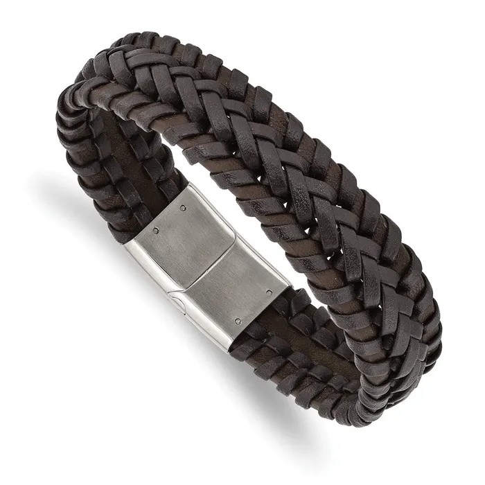 TreasureFineJewelers Bracelets Chisel Stainless Steel Polished Brown Braided Leather 85 inch Bracelet TreasureFineJewelers Bracelets Chisel Stainless Steel Polished Brown Braided Leather 85 inch Bracelet