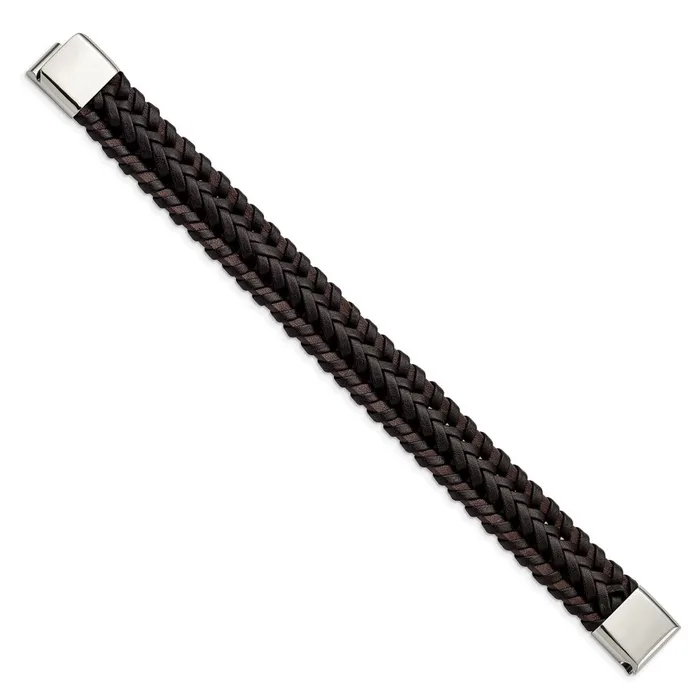 TreasureFineJewelers Bracelets Chisel Stainless Steel Polished Brown Braided Leather 85 inch Bracelet