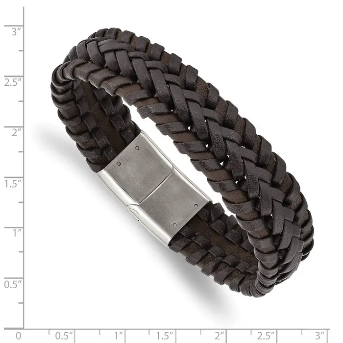 TreasureFineJewelers Bracelets Chisel Stainless Steel Polished Brown Braided Leather 85 inch Bracelet