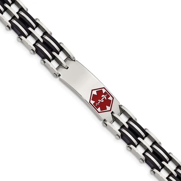TreasureFineJewelers Bracelets Chisel Stainless Steel Polished with Red Enamel and Black Rubber Medical ID 825 inch Link Bracelet TreasureFineJewelers Bracelets Chisel Stainless Steel Polished with Red Enamel and Black Rubber Medical ID 825 inch Link Bracelet