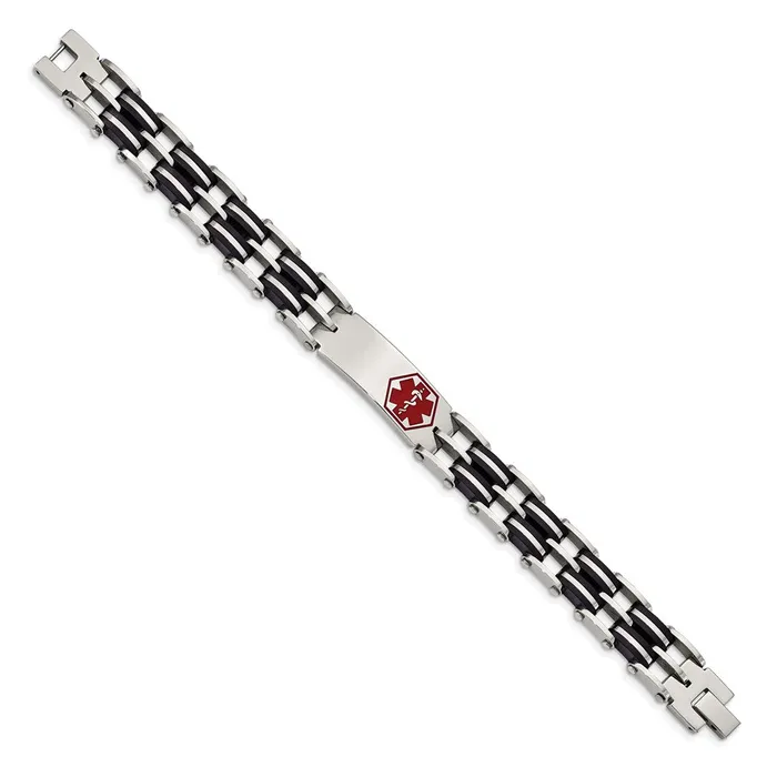 TreasureFineJewelers Bracelets Chisel Stainless Steel Polished with Red Enamel and Black Rubber Medical ID 825 inch Link Bracelet