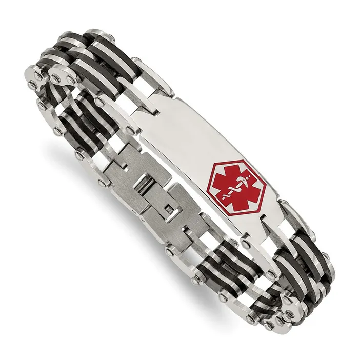 TreasureFineJewelers Bracelets Chisel Stainless Steel Polished with Red Enamel and Black Rubber Medical ID 825 inch Link Bracelet