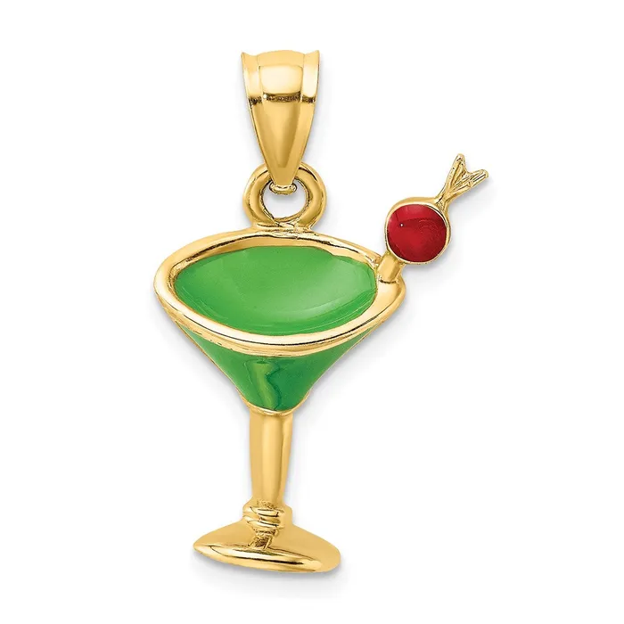 TreasureFineJewelers Charm Necklaces 14K 2D Green Enameled Martini wCherry Charm TreasureFineJewelers Charm Necklaces 14K 2D Green Enameled Martini wCherry Charm