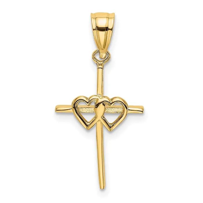 TreasureFineJewelers Charm Necklaces 14K Polished Double Hearts On Stick Cross Charm TreasureFineJewelers Charm Necklaces 14K Polished Double Hearts On Stick Cross Charm