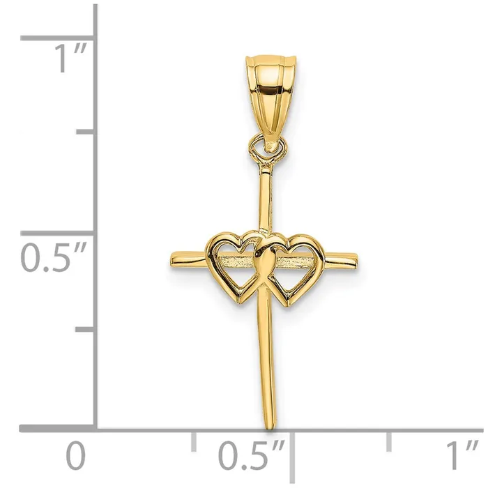 TreasureFineJewelers Charm Necklaces 14K Polished Double Hearts On Stick Cross Charm