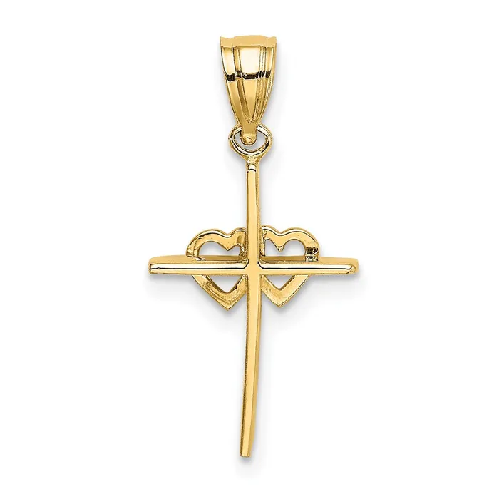 TreasureFineJewelers Charm Necklaces 14K Polished Double Hearts On Stick Cross Charm