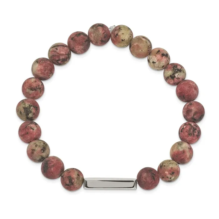 TreasureFineJewelers Chisel Stainless Steel Polished ID Plate 85mm Rhodochrosite Beaded Stretch Bracelet Bracelets