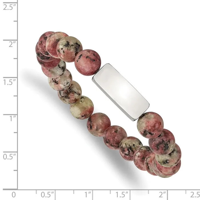 TreasureFineJewelers Chisel Stainless Steel Polished ID Plate 85mm Rhodochrosite Beaded Stretch Bracelet Bracelets