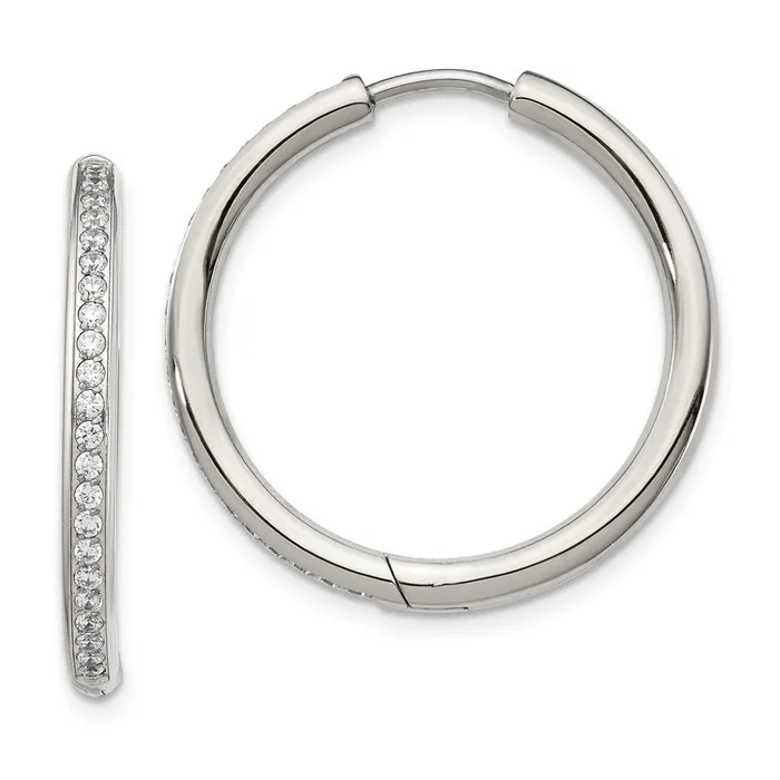 TreasureFineJewelers Earrings Stainless Steel Polished with CZ 25mm Hinged Hoop Earrings TreasureFineJewelers Earrings Stainless Steel Polished with CZ 25mm Hinged Hoop Earrings